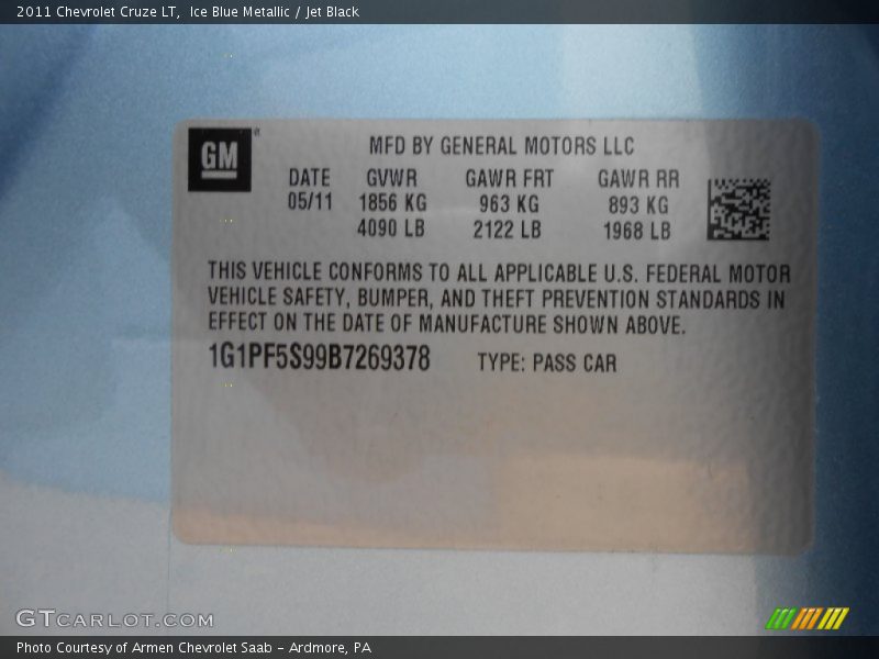 Ice Blue Metallic / Jet Black 2011 Chevrolet Cruze LT