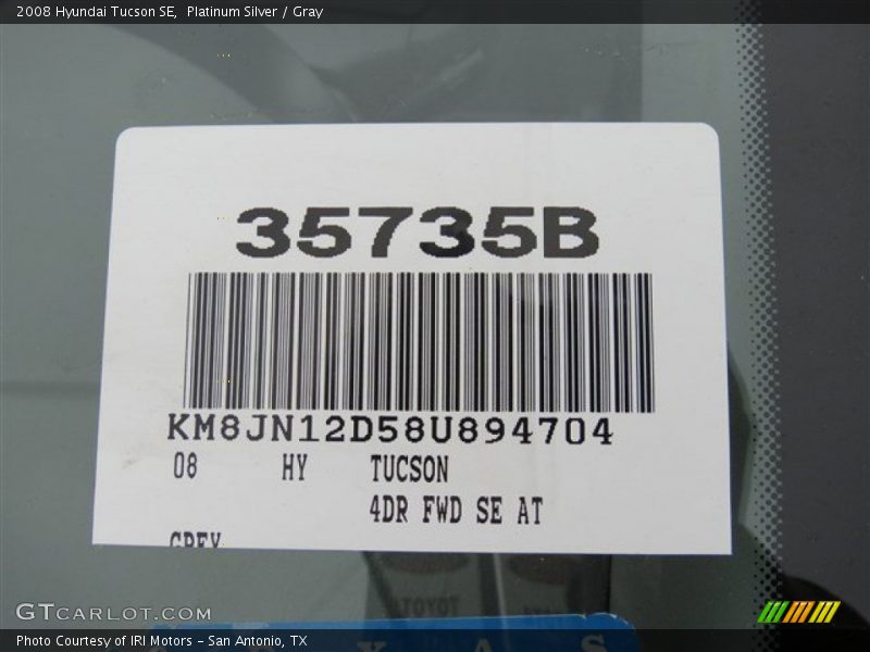 Platinum Silver / Gray 2008 Hyundai Tucson SE