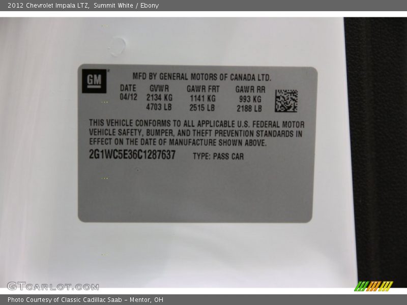 Summit White / Ebony 2012 Chevrolet Impala LTZ