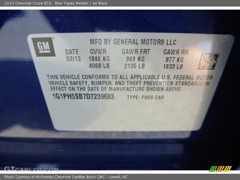 Blue Topaz Metallic / Jet Black 2013 Chevrolet Cruze ECO