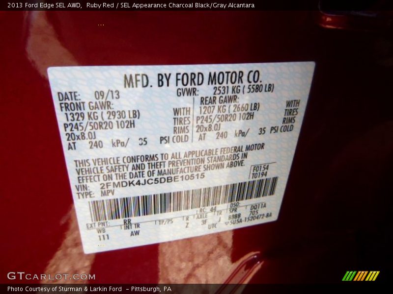 Ruby Red / SEL Appearance Charcoal Black/Gray Alcantara 2013 Ford Edge SEL AWD