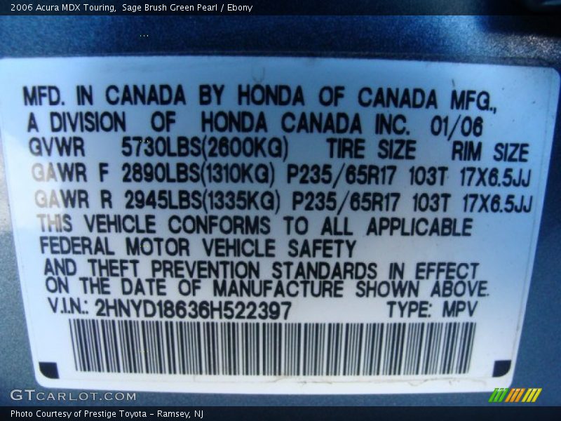 Sage Brush Green Pearl / Ebony 2006 Acura MDX Touring