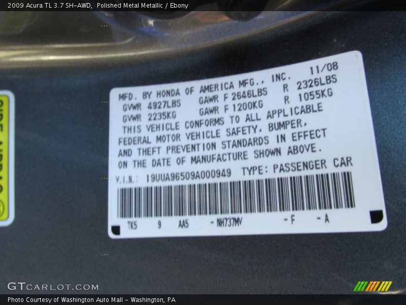 Polished Metal Metallic / Ebony 2009 Acura TL 3.7 SH-AWD