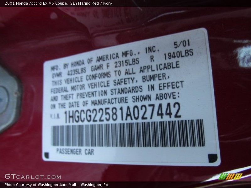San Marino Red / Ivory 2001 Honda Accord EX V6 Coupe