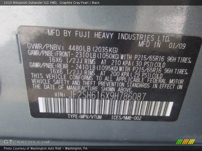 Graphite Gray Pearl / Black 2010 Mitsubishi Outlander XLS 4WD