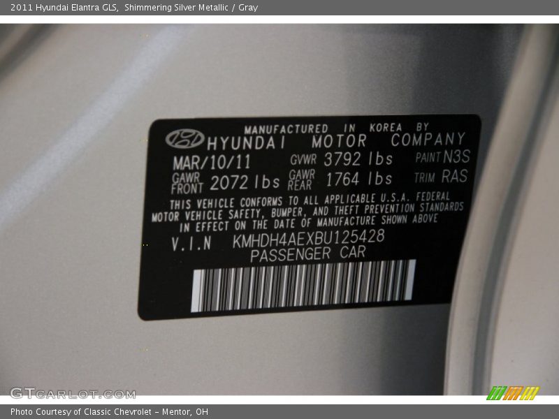 Shimmering Silver Metallic / Gray 2011 Hyundai Elantra GLS