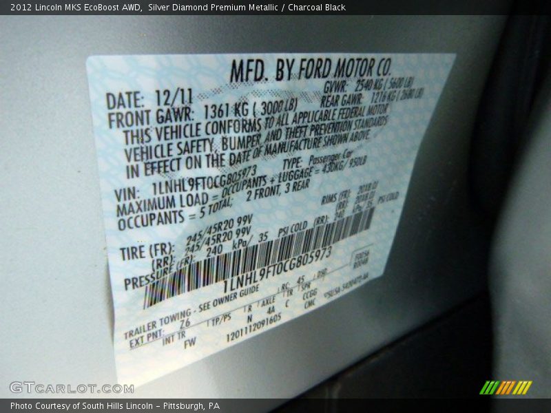 2012 MKS EcoBoost AWD Silver Diamond Premium Metallic Color Code Z6