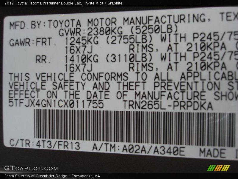 Pyrite Mica / Graphite 2012 Toyota Tacoma Prerunner Double Cab
