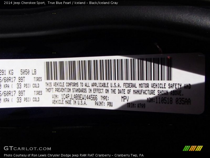 True Blue Pearl / Iceland - Black/Iceland Gray 2014 Jeep Cherokee Sport