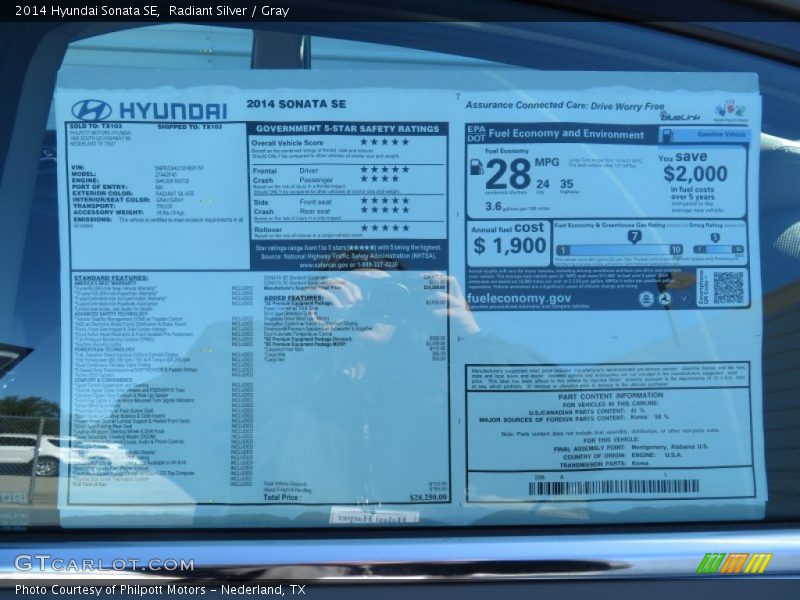 Radiant Silver / Gray 2014 Hyundai Sonata SE