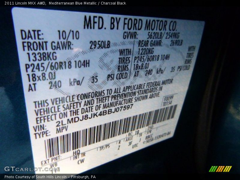 Mediterranean Blue Metallic / Charcoal Black 2011 Lincoln MKX AWD
