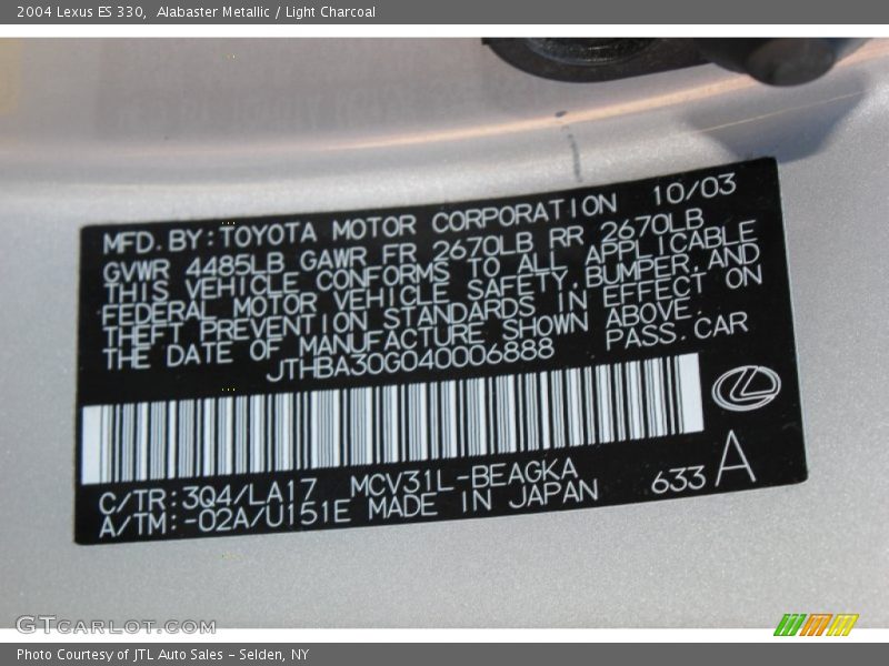 Alabaster Metallic / Light Charcoal 2004 Lexus ES 330
