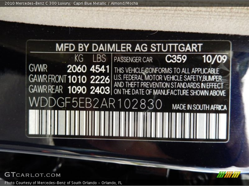 Capri Blue Metallic / Almond/Mocha 2010 Mercedes-Benz C 300 Luxury