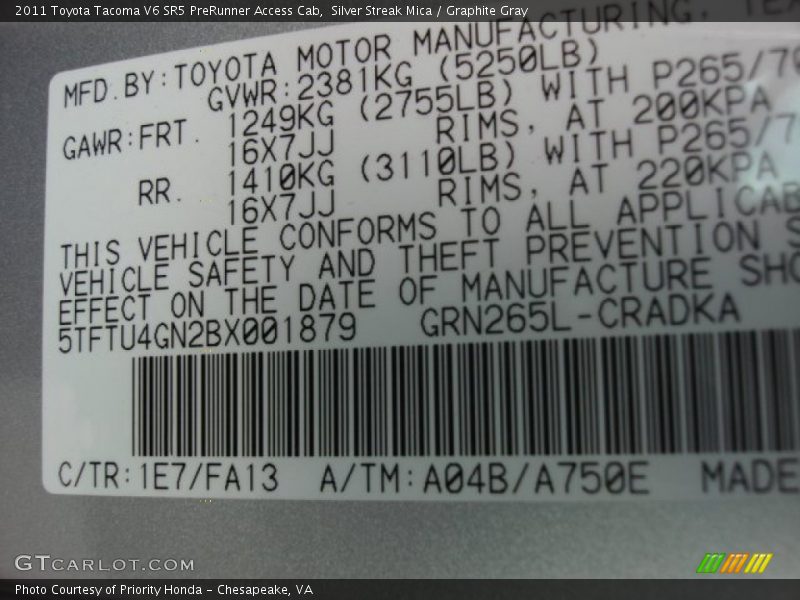 Silver Streak Mica / Graphite Gray 2011 Toyota Tacoma V6 SR5 PreRunner Access Cab