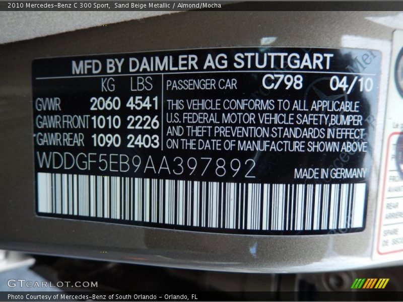 Sand Beige Metallic / Almond/Mocha 2010 Mercedes-Benz C 300 Sport