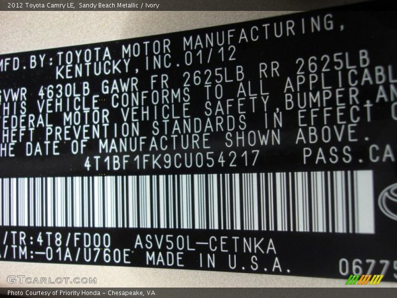 Sandy Beach Metallic / Ivory 2012 Toyota Camry LE