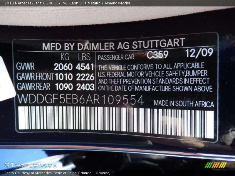 Capri Blue Metallic / Almond/Mocha 2010 Mercedes-Benz C 300 Luxury