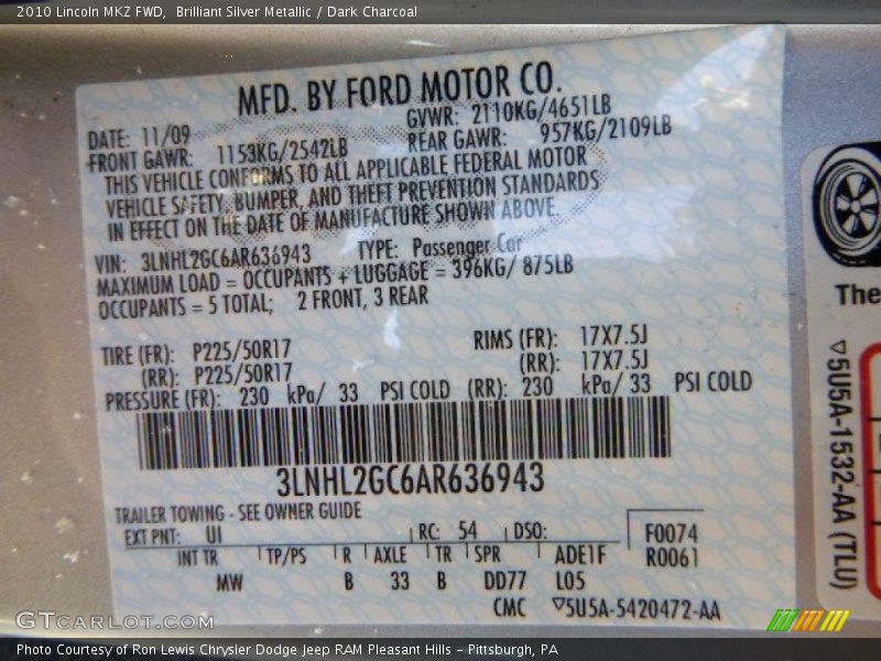 Brilliant Silver Metallic / Dark Charcoal 2010 Lincoln MKZ FWD