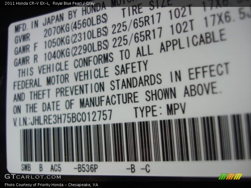Royal Blue Pearl / Gray 2011 Honda CR-V EX-L