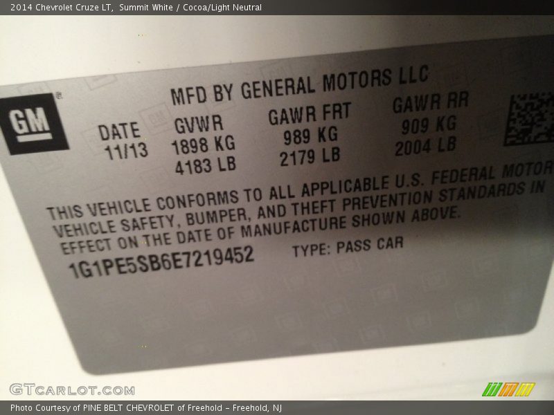 Summit White / Cocoa/Light Neutral 2014 Chevrolet Cruze LT
