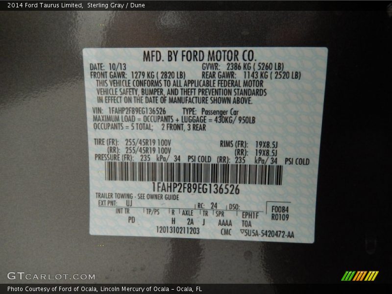 2014 Taurus Limited Sterling Gray Color Code UJ