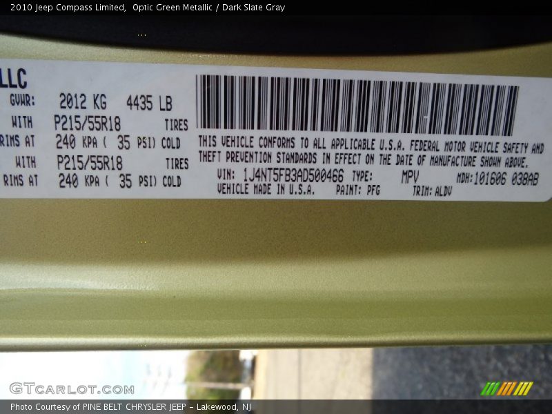 2010 Compass Limited Optic Green Metallic Color Code PFG