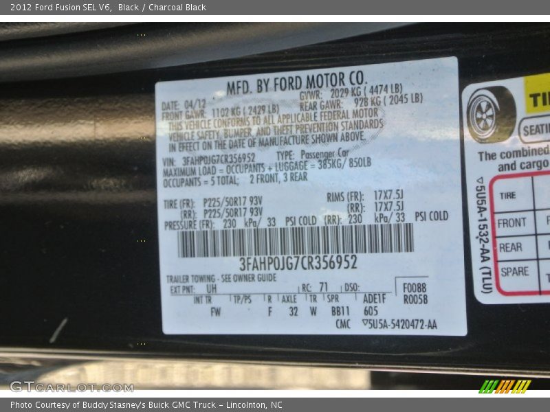 Black / Charcoal Black 2012 Ford Fusion SEL V6