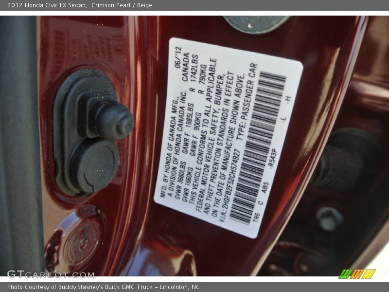 Crimson Pearl / Beige 2012 Honda Civic LX Sedan