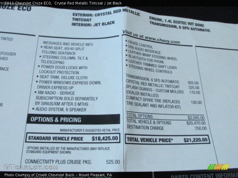 Crystal Red Metallic Tintcoat / Jet Black 2011 Chevrolet Cruze ECO