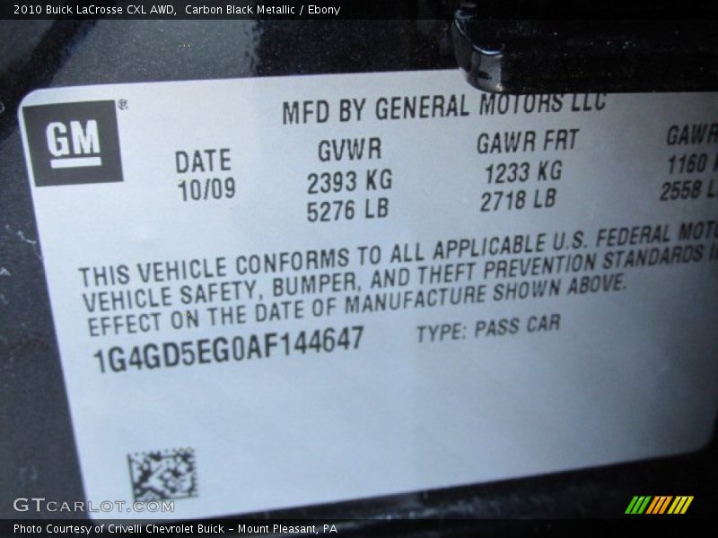 Carbon Black Metallic / Ebony 2010 Buick LaCrosse CXL AWD