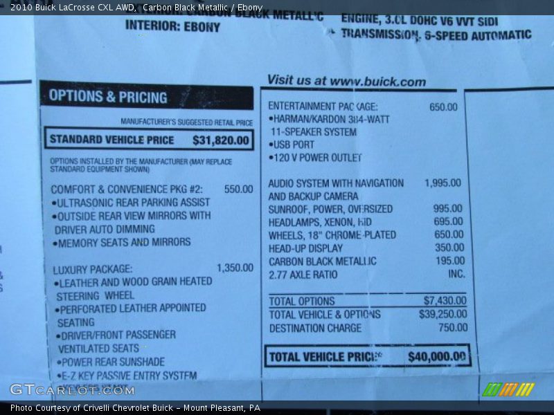 Carbon Black Metallic / Ebony 2010 Buick LaCrosse CXL AWD