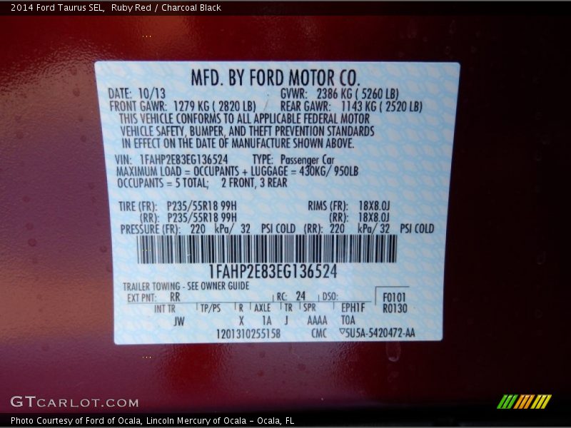 Ruby Red / Charcoal Black 2014 Ford Taurus SEL