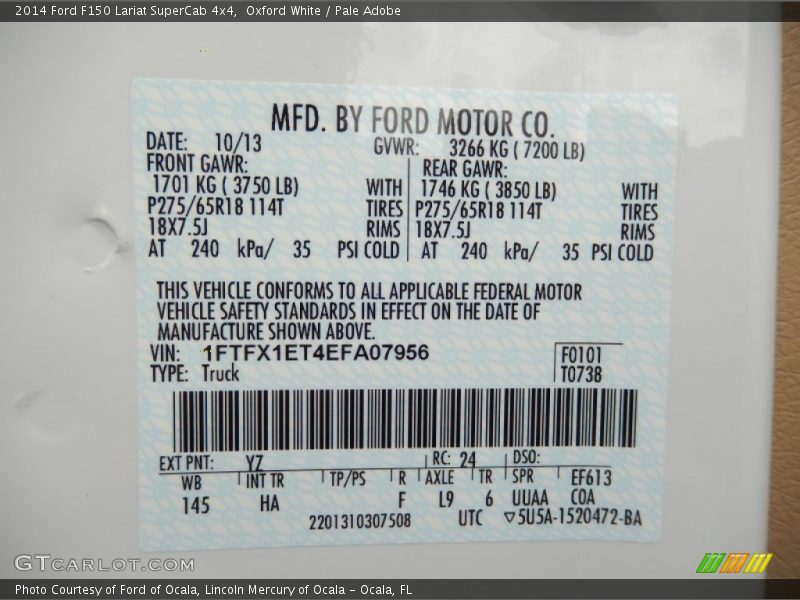 2014 F150 Lariat SuperCab 4x4 Oxford White Color Code YZ