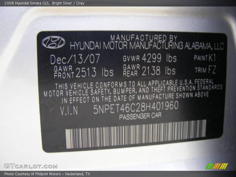Bright Silver / Gray 2008 Hyundai Sonata GLS