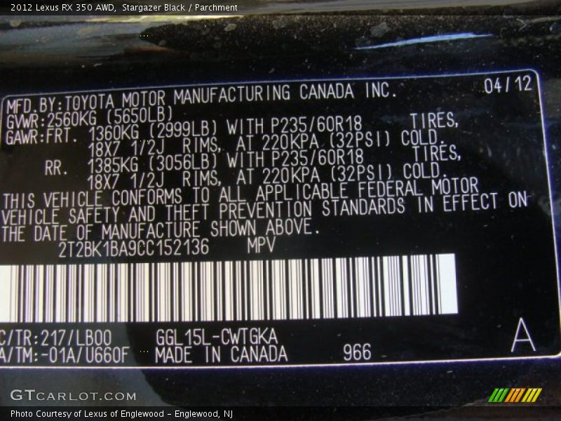 Stargazer Black / Parchment 2012 Lexus RX 350 AWD