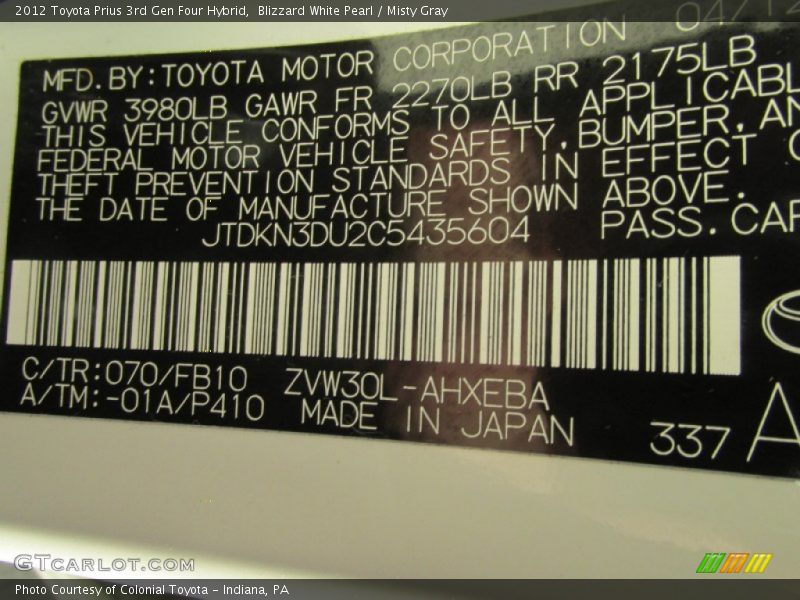 Blizzard White Pearl / Misty Gray 2012 Toyota Prius 3rd Gen Four Hybrid