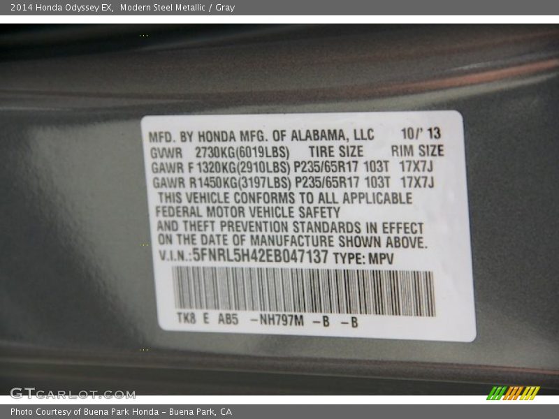Modern Steel Metallic / Gray 2014 Honda Odyssey EX