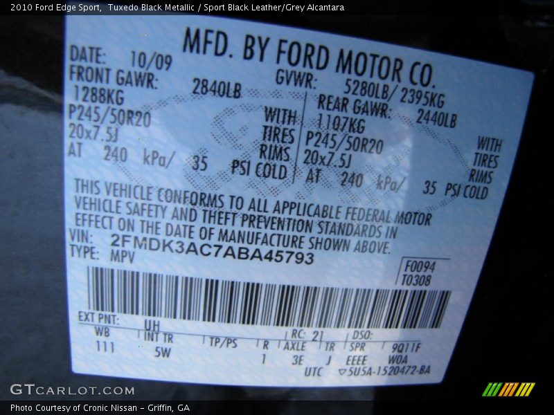 Tuxedo Black Metallic / Sport Black Leather/Grey Alcantara 2010 Ford Edge Sport