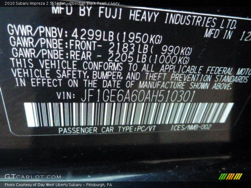 Obsidian Black Pearl / Ivory 2010 Subaru Impreza 2.5i Sedan