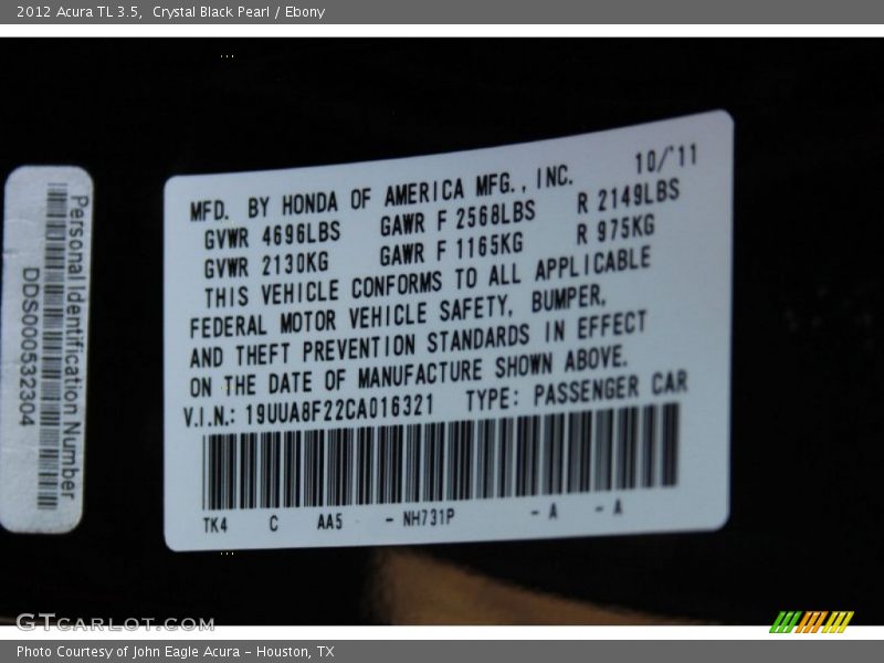 Crystal Black Pearl / Ebony 2012 Acura TL 3.5