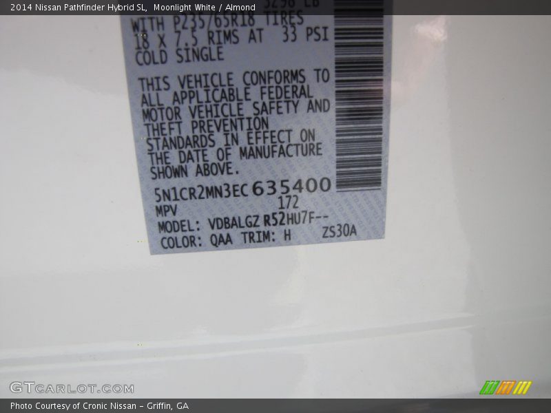 2014 Pathfinder Hybrid SL Moonlight White Color Code QAA