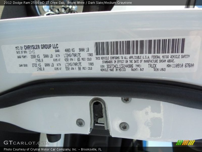 Bright White / Dark Slate/Medium Graystone 2012 Dodge Ram 2500 HD ST Crew Cab
