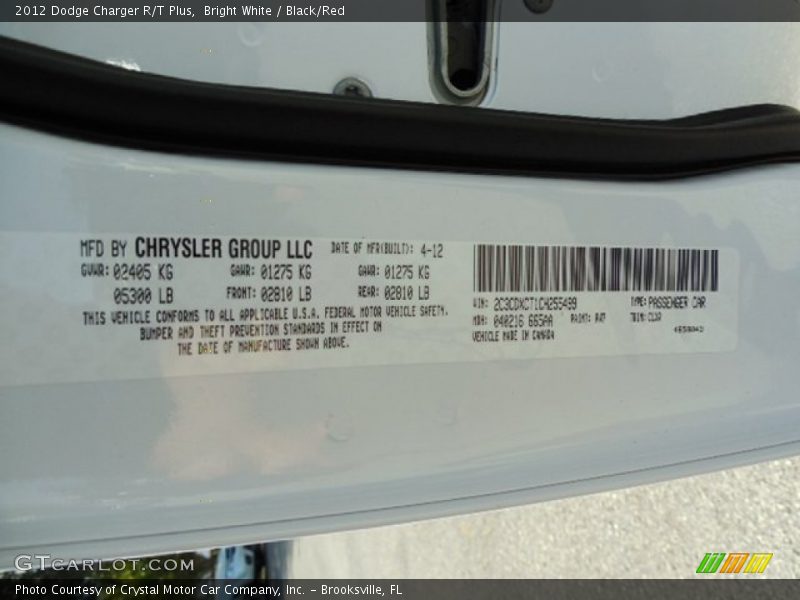 Bright White / Black/Red 2012 Dodge Charger R/T Plus