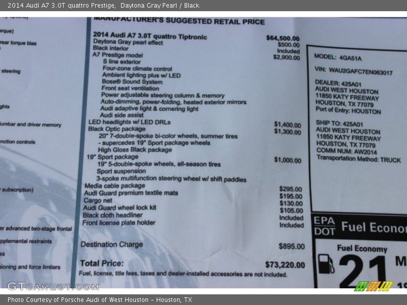 Daytona Gray Pearl / Black 2014 Audi A7 3.0T quattro Prestige