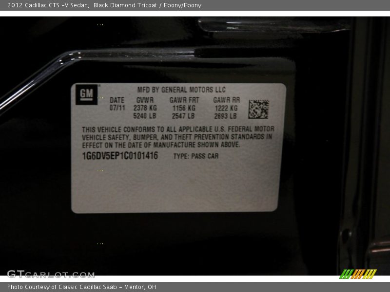 Black Diamond Tricoat / Ebony/Ebony 2012 Cadillac CTS -V Sedan