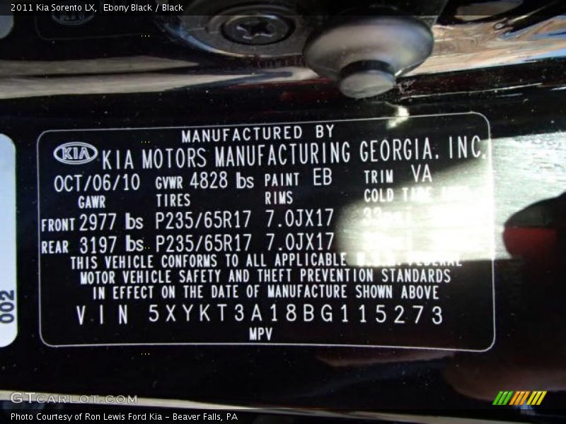 Ebony Black / Black 2011 Kia Sorento LX