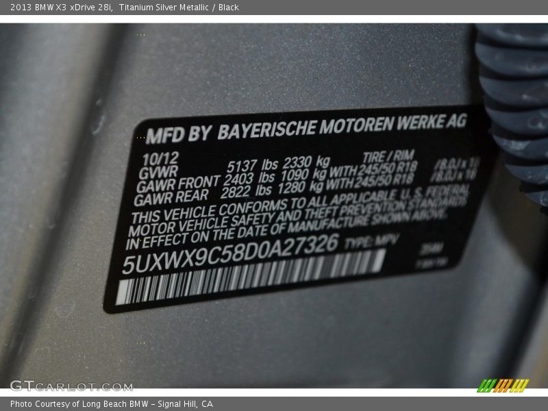 Titanium Silver Metallic / Black 2013 BMW X3 xDrive 28i