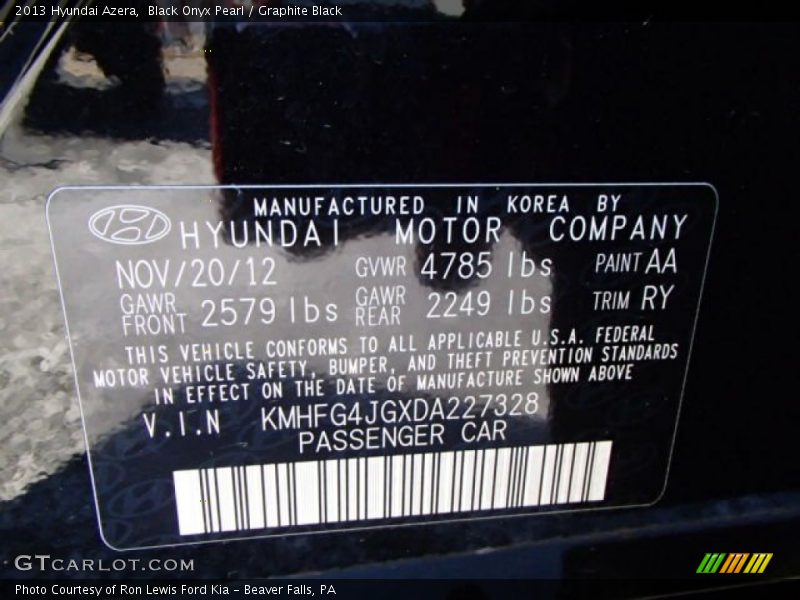 Black Onyx Pearl / Graphite Black 2013 Hyundai Azera
