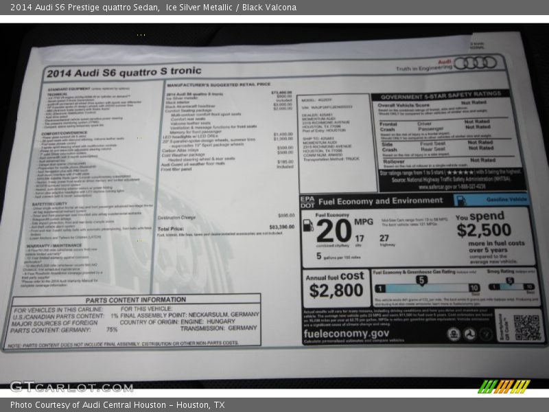  2014 S6 Prestige quattro Sedan Window Sticker