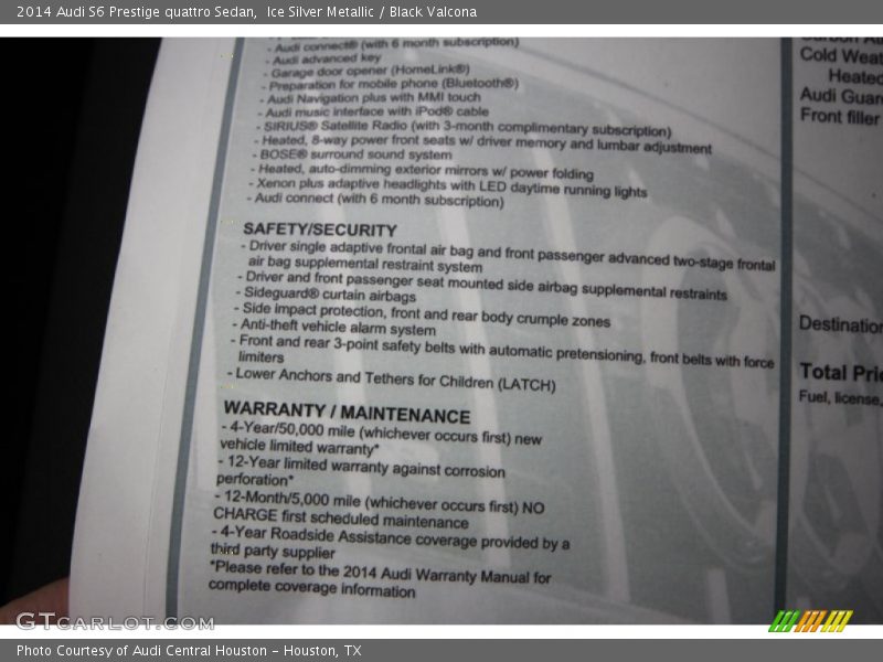  2014 S6 Prestige quattro Sedan Window Sticker